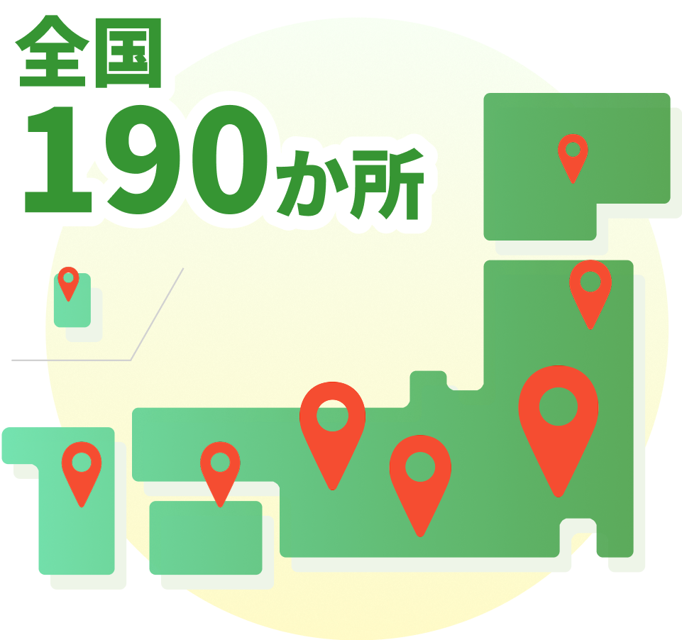全国190か所にケイ・タス株式会社の製品を導入いただいた場所を示す日本地図イラスト。北海道9社、東北13社、中部25社、関東43社、近畿39社、中国・四国23社、九州25社、沖縄7社に導入。