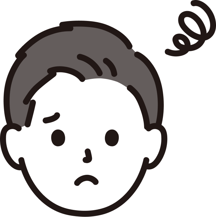 困った表情の男性イラスト。眉を下げ、口をへの字にして悩んでいる様子を表現。頭の横にはぐるぐるとしたマークが描かれている。