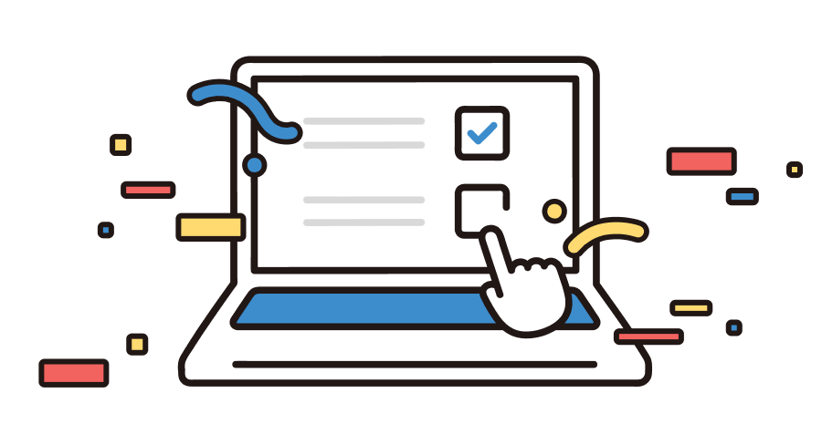 ノートパソコンの画面にチェックボックスが表示され、指のカーソルが選択しているイラスト。O2Xの機能を、ボタン一つで自由にカスタマイズできることを表現。