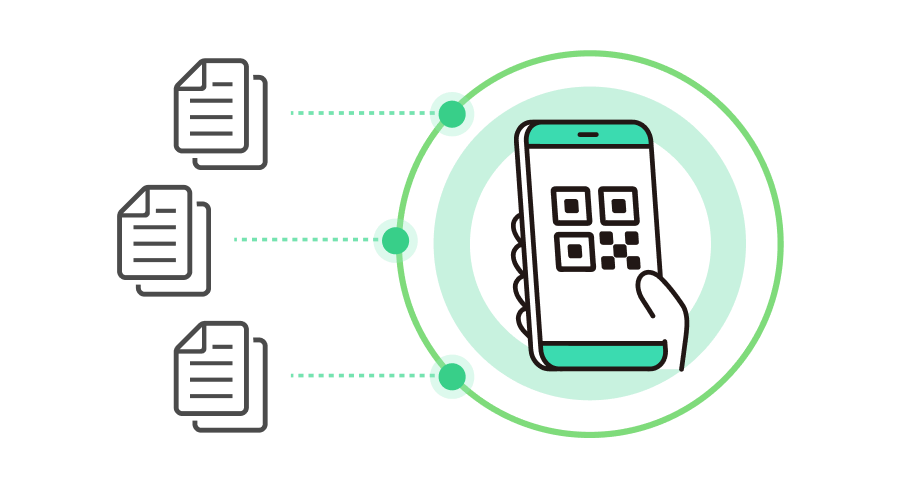 スマートフォンにQRコードが表示され、複数の書類アイコンと点線でつながっているイラスト。O2Xの機能で、QRコード読み取りにより入力作業を効率化できることを表現。